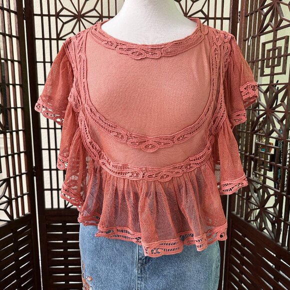 Free People Im Pretty Ok Cotton Mesh Lace Blouse Sz SM - Picture 1 of 8